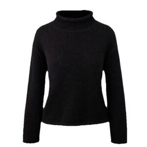 Black Roll Neck Sweater  Small Cotton Knit Preppy Minimalist Preppy Fisherman